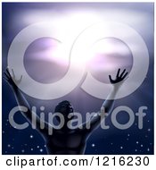 Clipart Of A Man In Worship Holding His Arms Up To A Purple Sky Royalty Free Vector Illustration by AtStockIllustration