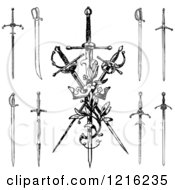 Clipart Of Black And White Swords And A Crown Royalty Free Vector Illustration