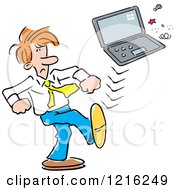 Clipart Of A Frustrated Businessman Kicking A Laptop Royalty Free Vector Illustration