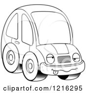Clipart Of A Black And White Drunk Compact Car Character Royalty Free Vector Illustration