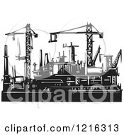 Woodcut Cranes And Rigs In Black And White