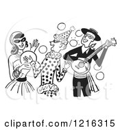 Banjo Player Gypsy And Clown Having Fun At A Halloween Costume Party In Black And White
