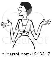 Cartoon Of A Retro Outgoing Happy Lady Expressing Excitement Or Making Introductions In Black And White Royalty Free Vector Clipart