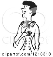 Cartoon Of A Retro Jolly Lady Touching Her Chest In Black And White Royalty Free Vector Clipart
