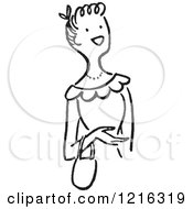 Cartoon Of A Retro Happy Lady With A Purse On Her Wrist In Black And White Royalty Free Vector Clipart