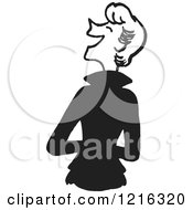 Cartoon Of A Retro Rear View Of A Jolly Lady Laughing In Black And White Royalty Free Vector Clipart