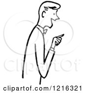 Cartoon Of A Retro Friendly Man Pointing While Talking In Black And White Royalty Free Vector Clipart