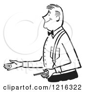 Cartoon Of A Retro Gentleman Holding A Pipe And Reaching Out To Shake Hands During An Introduction In Black And White Royalty Free Vector Clipart