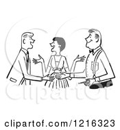 Cartoon Of A Retro Lady Politely Introducing Two Men In Black And White Royalty Free Vector Clipart by Picsburg #COLLC1216323-0181