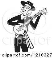 Retro Man Smiling And Playing A Banjo In Black And White