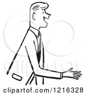 Cartoon Of A Retro Salesman Or Gentleman Reaching Out To Shake Hands During An Introduction In Black And White Royalty Free Vector Clipart