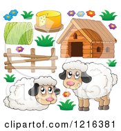 Poster, Art Print Of Happy Sheep And Barnyard Items