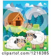 Clipart Of A Happy Sheep In A Mountainous Barnyard Royalty Free Vector Illustration