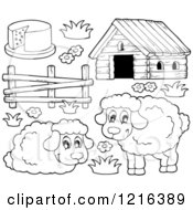 Poster, Art Print Of Outlined Happy Sheep And Barnyard Items