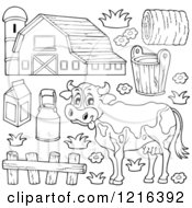 Outlined Happy Cow With A Dairy Barn And Items