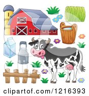 Happy Cow With A Dairy Barn And Items
