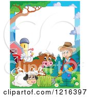 Poster, Art Print Of Happy Farmer Sheep Cow And Chicken Border