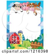 Poster, Art Print Of Happy Cow Pig And Sheep Over A Barnyard Border