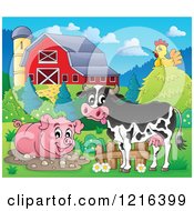 Clipart Of A Happy Cow Chicken And Pig In A Mud Puddle Royalty Free Vector Illustration