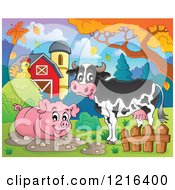 Poster, Art Print Of Happy Cow And Pig In A Mud Puddle In Autumn