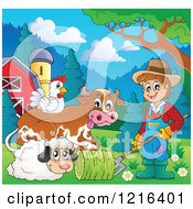 Poster, Art Print Of Happy Farmer Moving Hay By A Cow Chicken And Sheep In A Barnyard