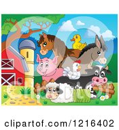 Poster, Art Print Of Happy Duck Horse Donkey Pig Chicken Cow And Sheep With Hay In A Barnyard