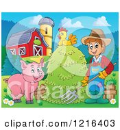 Happy Farmer With Hay A Pig And Chicken In A Barnyard