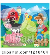 Happy Farmer With Hay A Chicken Cow And Pig In A Barnyard