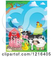 Poster, Art Print Of Happy Cow Pig Duck Sheep And Chicken In A Barnyard