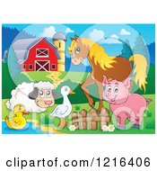 Poster, Art Print Of Happy Duck Goose Sheep Pig And Horse By A Pond In A Barnyard
