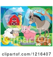 Poster, Art Print Of Happy Duck Sheep Pig And Donkey By A Puddle In A Barnyard
