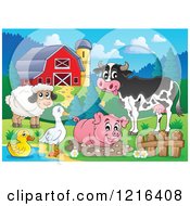 Poster, Art Print Of Happy Cow Sheep Pig Duck And Goose In A Barnyard