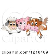 Poster, Art Print Of Happy Cow Pig And Sheep Over A Border