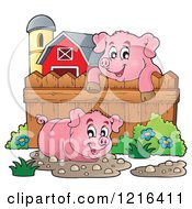 Happy Pigs With Mud Puddles In A Barnyard