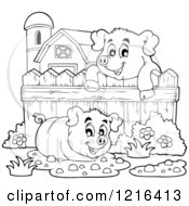 Outlined Happy Pigs With Mud Puddles In A Barnyard