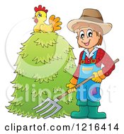 Happy Farmer Holding A Pitchfork By A Pile Of Hay With A Chicken On Top