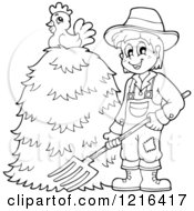 Poster, Art Print Of Outlined Happy Farmer Holding A Pitchfork By A Pile Of Hay With A Chicken On Top