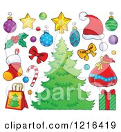 Poster, Art Print Of Christmas Tree With Decorations And Holiday Items