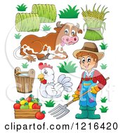 Clipart Of A Happy Farmer With Produce A Chicken And Cow Royalty Free Vector Illustration by visekart