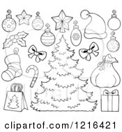 Clipart Of An Outlined Christmas Tree With Decorations And Holiday Items Royalty Free Vector Illustration