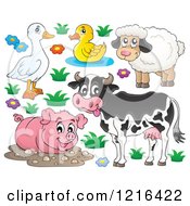 Clipart Of A Happy Cow Pig Sheep Duck And Goose Royalty Free Vector Illustration by visekart