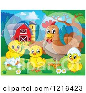 Poster, Art Print Of Chicken And Hatching Chicks In A Barnyard