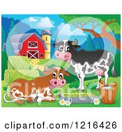 Clipart Of Happy Cows With Hay Near A Barn Royalty Free Vector Illustration