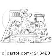 Poster, Art Print Of Outlined Happy Children Playing On A Swing Slide And In A Sandbox