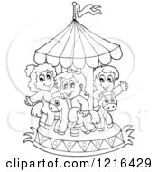 Poster, Art Print Of Outlined Children Playing On A Carousel