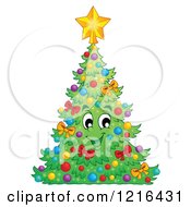 Clipart Of A Happy Christmas Tree Decorated With Baubles And Bows Royalty Free Vector Illustration