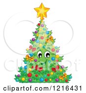 Poster, Art Print Of Happy Christmas Tree Decorated With Baubles And Bows