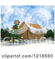 Clipart Of A 3d Christmas Craft Cardboard House With Trees And Blue Flares Royalty Free Illustration