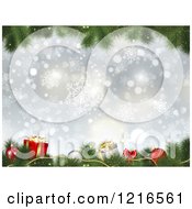 Clipart Of A Snowflake Background Framed With Christmas Tree Branches And Ornaments Royalty Free Vector Illustration
