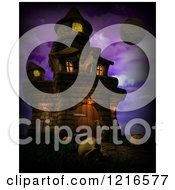 3d Spooky Halloween Castle With A Skull And Moon Over Purple
